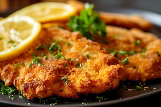 Dive into the crispy texture and garnished perfection of a traditional German schnitzel dish in this stock photo masterpiece.