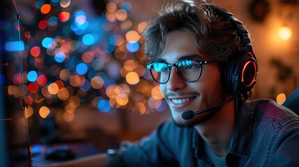 Technology, Gaming, Entertainment. Happy young man in glasses with headset playing and winning home computer game and streaming playback or tutorial video.