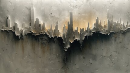 Generative AI, Grey and golden oil painted textured cityscape, impasto style, big city landscape 
