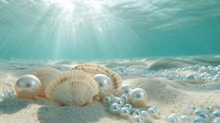 An underwater image of shells and pearls on the ocean floor.