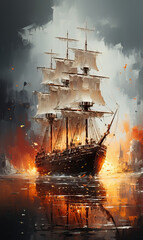 Abstract oil painting in natural dark colors with a sailing ship.