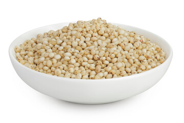 Sorghum seeds in ceramic bowl isolated on white background with full depth of field.