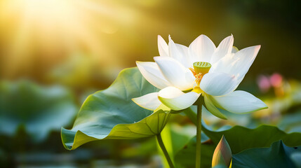 White lotus flower bathed in sunlight stands in the foreground, with a warm glow and large leaves in the background