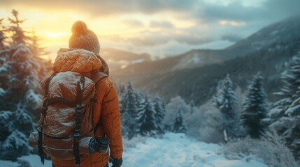 Obraz na płótnie Canvas Female climber hiking in winter mountains