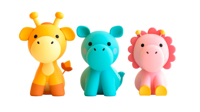 Three Toy Animals Sitting Next to Each Other, Isolated on a Transparent Background