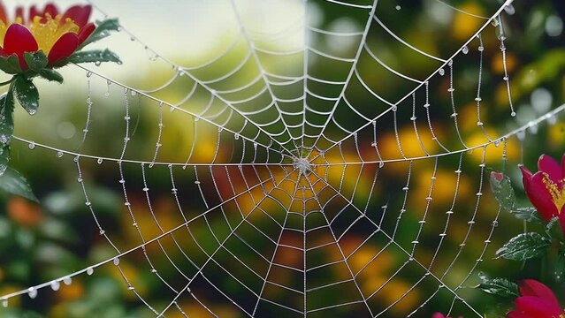 Spider web adorned with dew-covered spider silk, juxtaposed against the vibrant colors of a nearby flower, showcasing the interplay between plant and animal life in the natural world