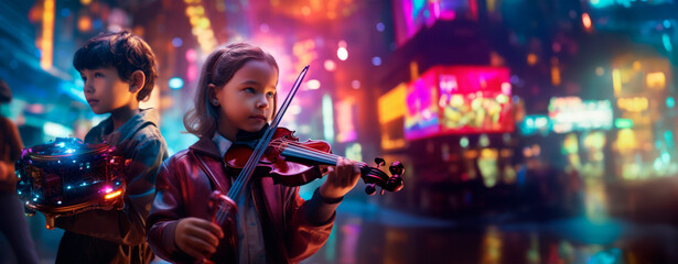 Fototapeta na wymiar A child with a violin becomes part of the city's pulse, bathed in the glow of night lights; a vibrant tableau of youthful talent set against the tapestry of urban vitality.