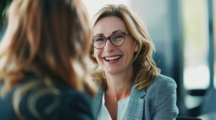 Happy mature professional business woman executive hr manager having job interview or business discussion with female applicant or colleague sitting at workplace in corporate office meeting.