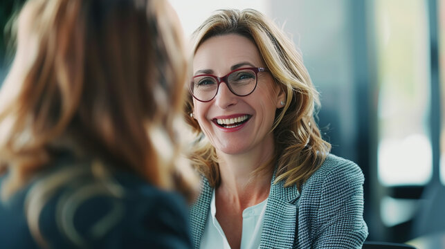 Happy mature professional business woman executive hr manager having job interview or business discussion with female applicant or colleague sitting at workplace in corporate office meeting.