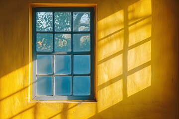 Sunny window with shadows of its frame on a yellow wall.