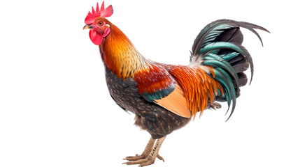 Fototapeta premium Colorful Rooster Standing on White Ground, Isolated on a Transparent Background