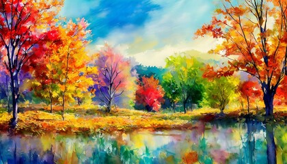 Abstract watercolor painting illustration of autumn nature with colorful trees and a beautiful river