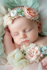 Naklejka premium a newborn baby girl, beautifully dressed in a dress and a bandage.