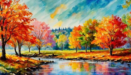 Obraz na płótnie Canvas Abstract watercolor painting illustration of autumn nature with colorful trees and a beautiful river