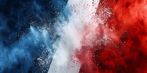 Vibrant French tricolor holi powder burst on isolated backdrop. France Europe festivity football trip tourism idea. - obrazy, fototapety, plakaty