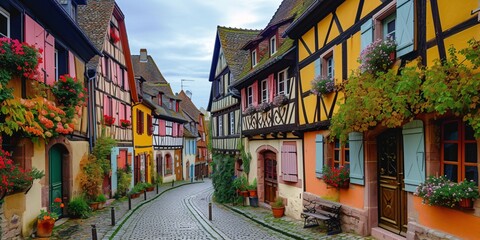 Obraz premium Vibrant historic half-timbered homes in a picturesque French village.