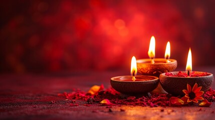 Celebrating the Indian festival Diwali with traditional oil lights on a Red backdrop.