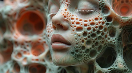 a close up of a person s face with holes in it