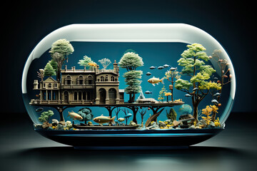 This captivating image presents a meticulously crafted miniature Victorian mansion submerged in an aquarium, offering a surreal blend of architecture and marine life.