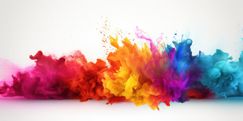 Color splash Holi powder on white wooden background. Banner. Mock up, colorful cloud or explosion for traditional indian festival. - obrazy, fototapety, plakaty