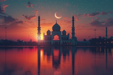 Majestic View of a Traditional Mosque at Sunset with Crescent Moon