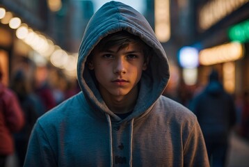 Portrait of mysterious boy in hoodie standing in public