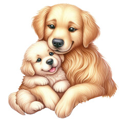 Golden Labrador Retriever and puppy. Hugging dogs, motherhood. Cute watercolor illustration