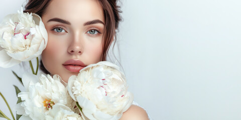 Beautiful young woman with fresh clean skin on white background with white peony flowers with copy space. Face care, cosmetology, beauty treatment and spa concept. 