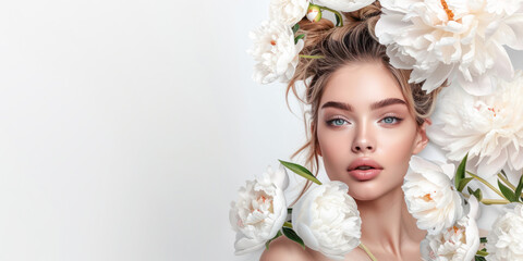 Beautiful young woman with fresh clean skin on white background with white peony flowers with copy space. Face care, cosmetology, beauty treatment and spa concept. 