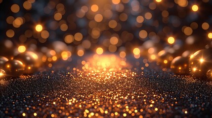 Sparkling gold stage with shimmering lights and bokeh details. Opulent background illustration.