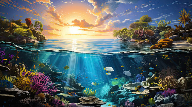 Dive into captivating world of an underwater scene bursting with vibrant corals and a kaleidoscope of graceful fish.