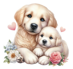 Golden Labrador Retriever mother and puppy in an embrace. Floral decoration. Cute watercolor illustration