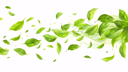 Eco-friendly illustration of flying green foliage and falling leaves, featuring organic cosmetics, herbal tea, and vegan design.