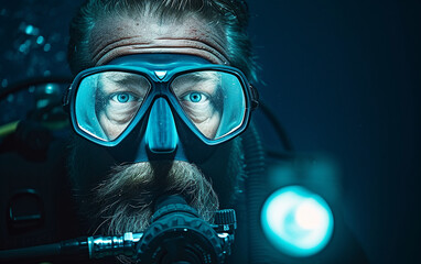 A photograph of a man of multiracial descent wearing a diving mask and goggles underwater.