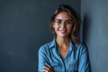 Joyful youthful beaming assured corporate lady in blue blouse and spectacles cheerful attractive female manager gazing at lens with folded arms alone in grey backdrop portrait.