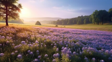 landscape sunrise view on the meadow in spring