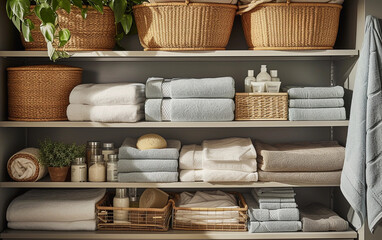 A photograph showcasing a shelf filled with various towels and baskets, creating a functional and organized storage display.