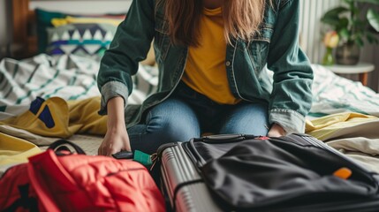 Young woman packing suitcase on bed. - obrazy, fototapety, plakaty