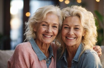 Portrait of two happy blonde elderly ladies posing at home, smiling at camera - obrazy, fototapety, plakaty