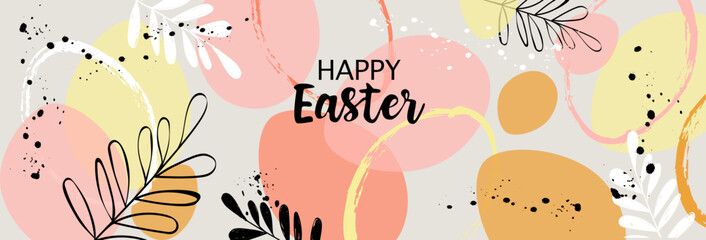 Vector Happy Easter banner Trendy Easter design, hand painted elements, silhouettes of eggs and leaves flowers in pastel colors. Modern flat minimalistic style. Horizontal poster, greeting card, heade