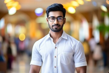 Fototapeta premium Confident Young Man in Busy Indoor Setting