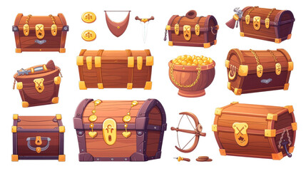 Various Styles of Cartoon Treasure Chests Illustrated in Vibrant Colors