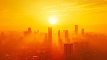 A breathtaking cityscape enveloped in a golden haze during sunrise, with the sun's rays piercing through the buildings.
