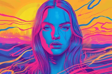 Schilderijen op glas Hyperintense Colorblast Woman Face Background - Supermodel Girl Neon Overload Face with Vibrant and Swirling Energy Vitality Lines Representing the Landscape created with Generative AI Technology © Sentoriak