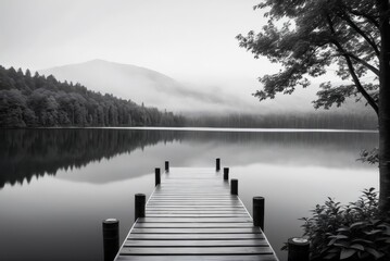 Obraz premium Tranquil lake dock embraced by verdant bushes. Grayscale contrasts 