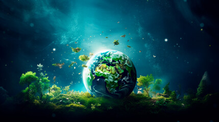 An artistic Earth portrayal, rich with verdant landscapes and varied ecosystems, advocating for environmental preservation and the importance of biodiversity.