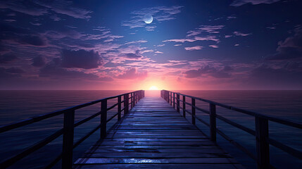 Obraz premium A moonlit night over the sea, a unique and artistic journey from sunset hues to the tranquil beauty of the night background Ai Generative
