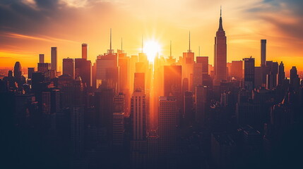 Sunrise shines over New York City buildings with a bright sun and orange sky.