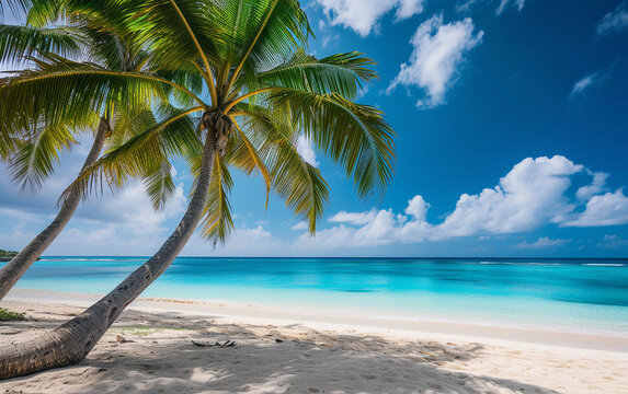 A photo showcasing a palm tree standing tall atop a sandy beach, surrounded by clear blue waters.