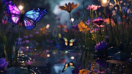 Craft an ethereal garden where flowers bloom in every hue imaginable, their petals shimmering with iridescence under the gentle glow of the moon. 